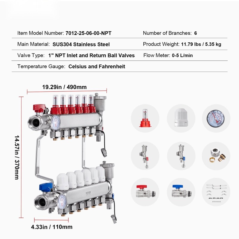 6-haarainen lattialämmityksen jakotukki ruostumaton teräs puolen tuuman PEX-putkille sisältää adapterit