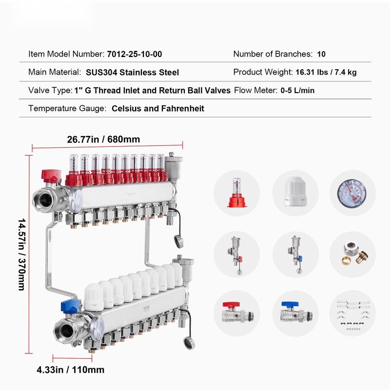 10-haarainen lattialämmityksen jakotukki 1,27 cm PEX-putkille SUS304 ruostumaton teräs