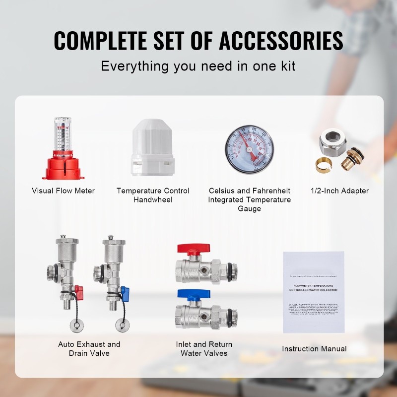 Lattialämmityksen 2-haarainen ruostumaton teräsjakotukki puolituuman PEX-putkille liittimineen virtausmittareilla ja