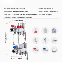 Lattialämmityksen 2-haarainen ruostumaton teräsjakotukki puolituuman PEX-putkille liittimineen virtausmittareilla ja