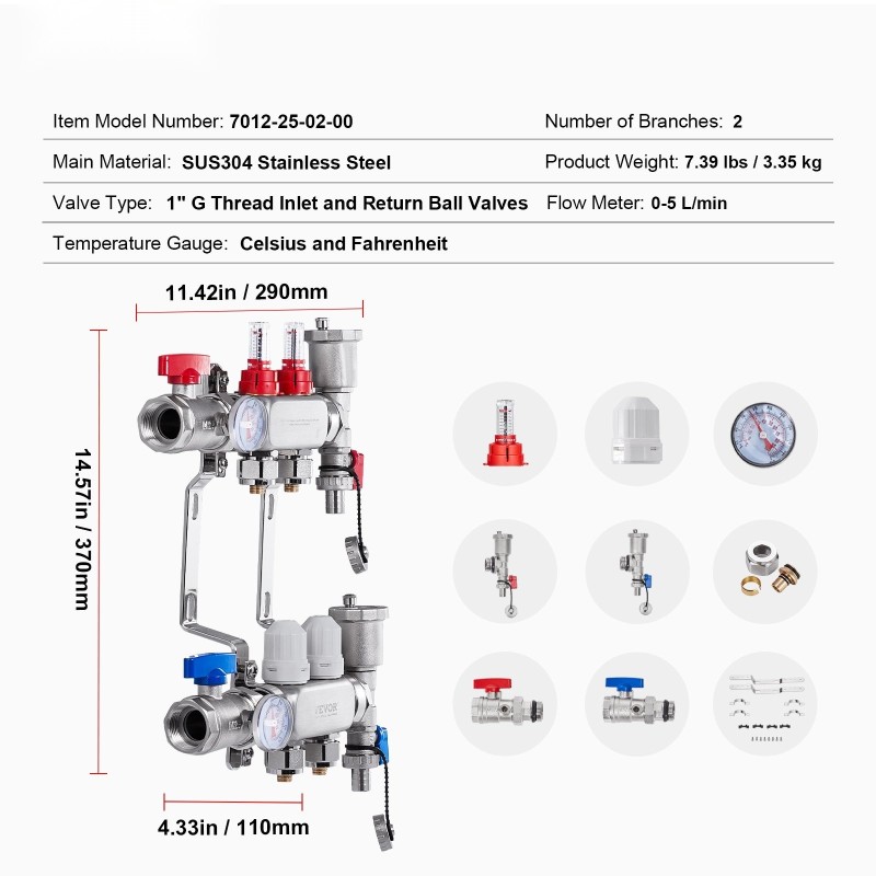 Lattialämmityksen 2-haarainen ruostumaton teräsjakotukki puolituuman PEX-putkille liittimineen virtausmittareilla ja