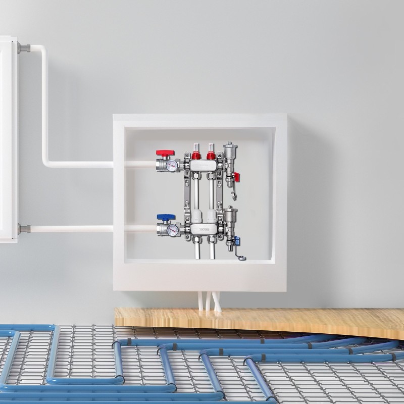 Lattialämmityksen 2-haarainen ruostumaton teräsjakotukki puolituuman PEX-putkille liittimineen virtausmittareilla ja