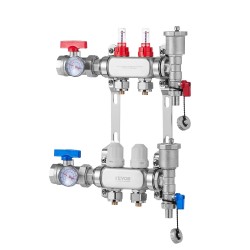 Lattialämmityksen 2-haarainen ruostumaton teräsjakotukki puolituuman PEX-putkille liittimineen virtausmittareilla ja