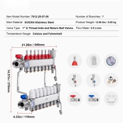 Lattialämmityksen jakosarja 7-haarainen SUS304-ruostumaton teräs 1,27 cm PEX-putkille