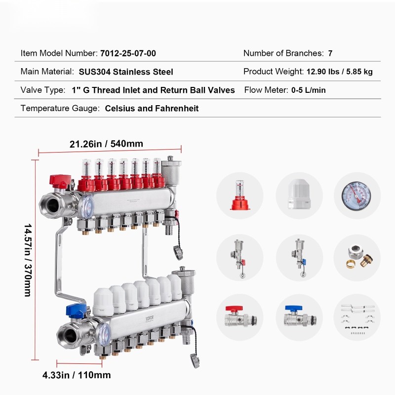 Lattialämmityksen jakosarja 7-haarainen SUS304-ruostumaton teräs 1,27 cm PEX-putkille