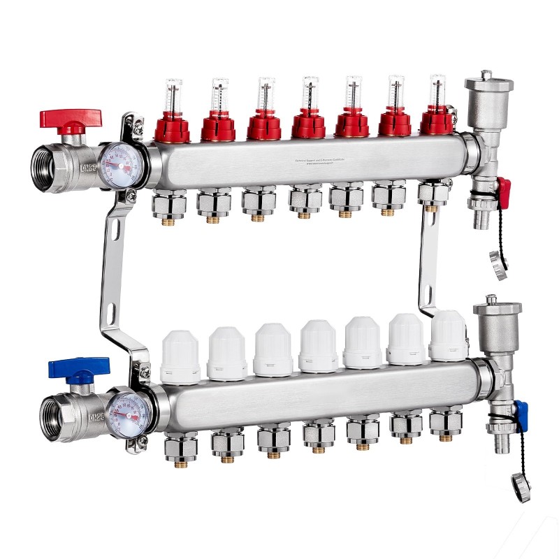 Lattialämmityksen jakosarja 7-haarainen SUS304-ruostumaton teräs 1,27 cm PEX-putkille
