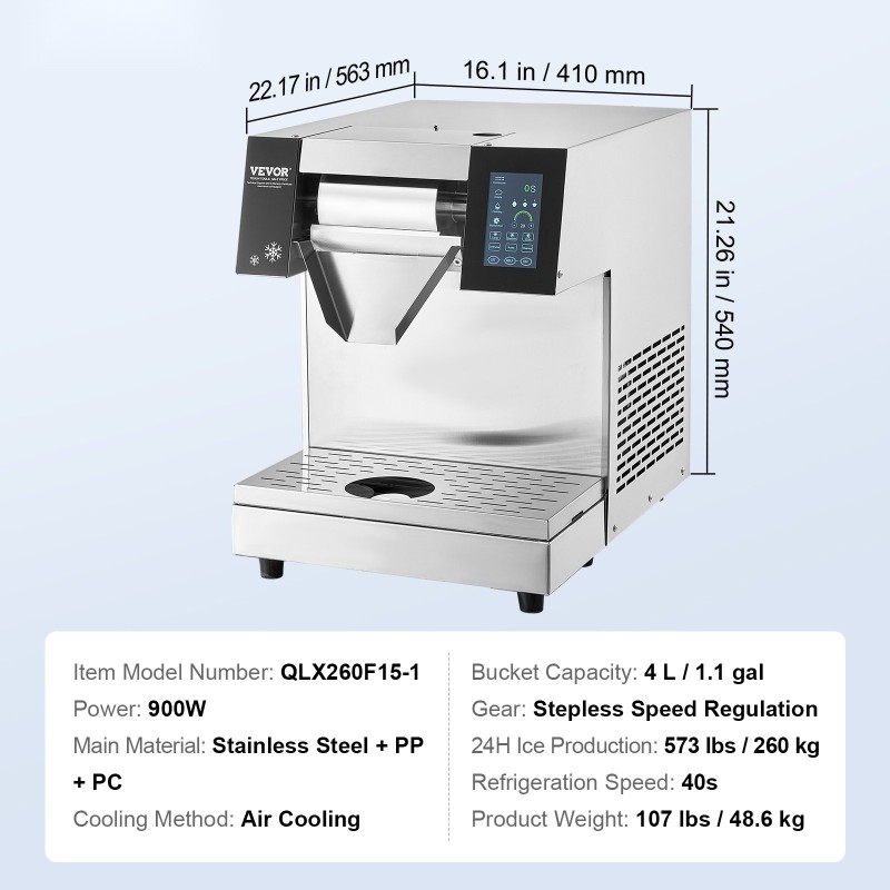 Lumihiutalejäälaite ruostumaton teräs 260 kg 24 tunnissa ilmajäähdytys kaksi 4 L koria