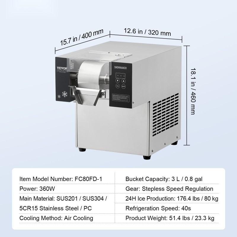 Lumihiutalejääkone ruostumatonta terästä 80 kilogrammaa vuorokaudessa ilmajäähdytys kahdella kolmen litran korilla