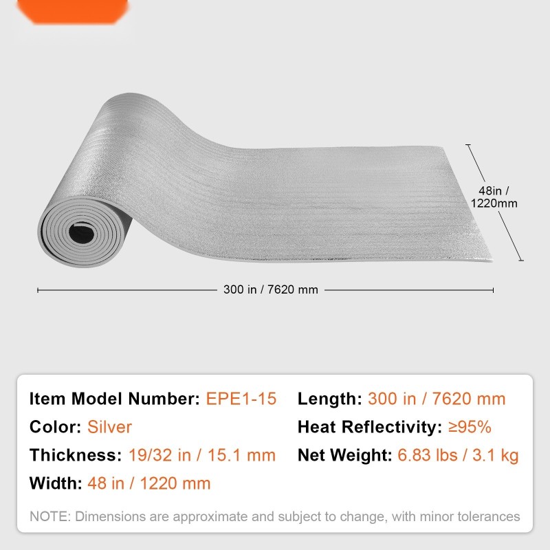 Lämpöeristerulla heijastava kaksipuolinen alumiinifolio EPE-vaahto 1220x7620 mm 3,2 mm