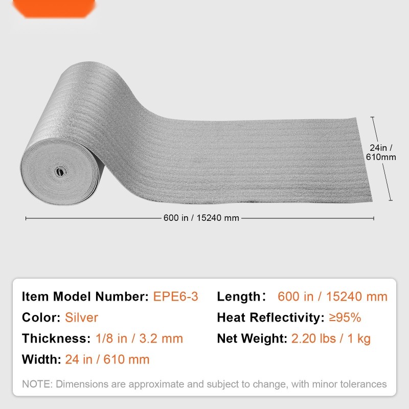 Lämpöeristerulla kaksipuolinen alumiinifolio EPE vaahto 3,2 mm 605 mm 15,24 m