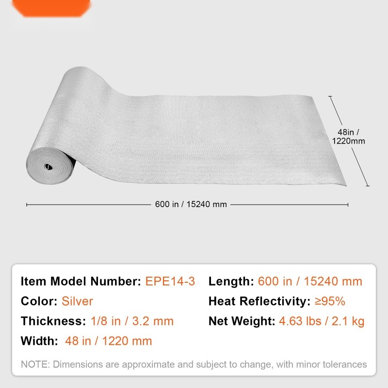 Heijastava eristerulla kaksipuolinen alumiinifolio EPE-vaahto 3,2 mm 1220 mm 15,24 m