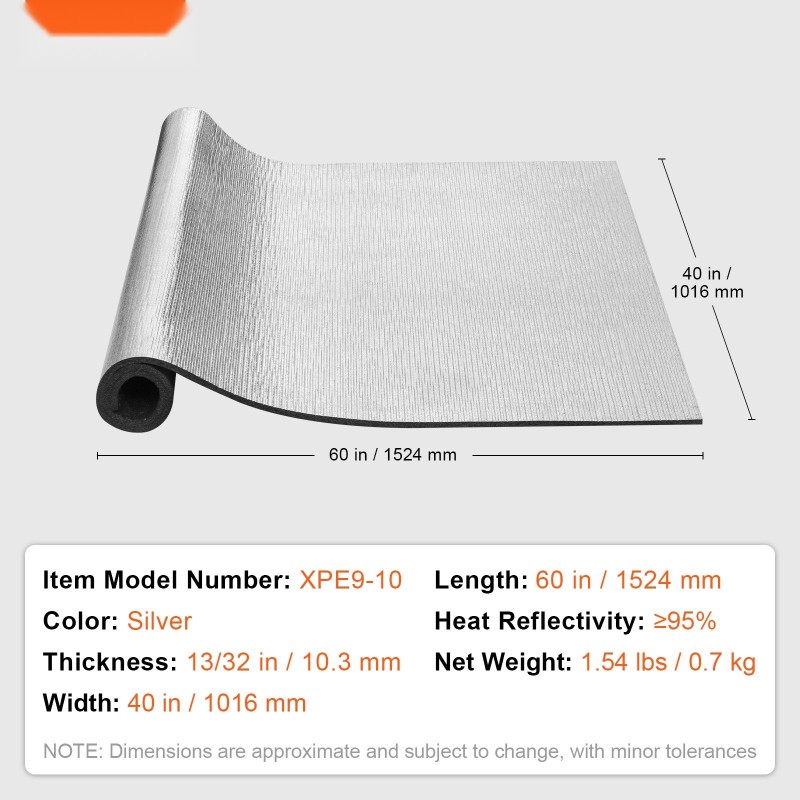 Lämpöä heijastava eristerulla alumiinifolio XPE-vaahtoydin 10,3 mm 1020 x 1524 mm