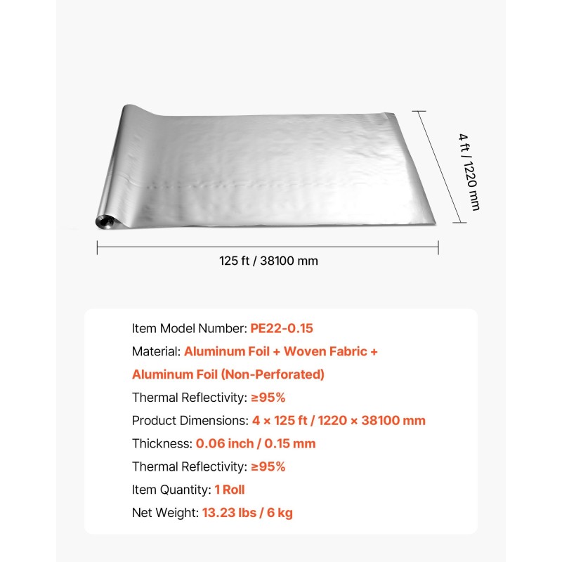Eristerulla kaksipuolinen alumiinifolio rei'ittämätön kudottu 0,15 mm 1,22 m 38,1 m