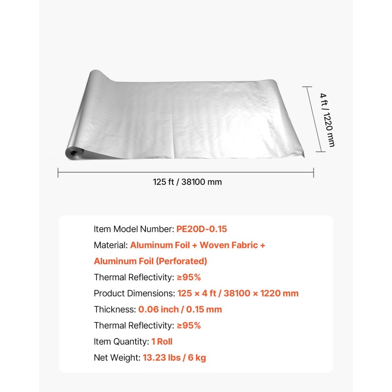 Eristerulla lämpöä heijastava kaksipuolinen alumiinifolio reiitetty leveys 1,22 metriä pituus 38,1 metriä