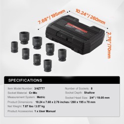 Isku- ja vääntöhylsysarja CR-MO-teräs 3/4 tuuman 8-osainen 24–38 mm säilytyslaatikolla