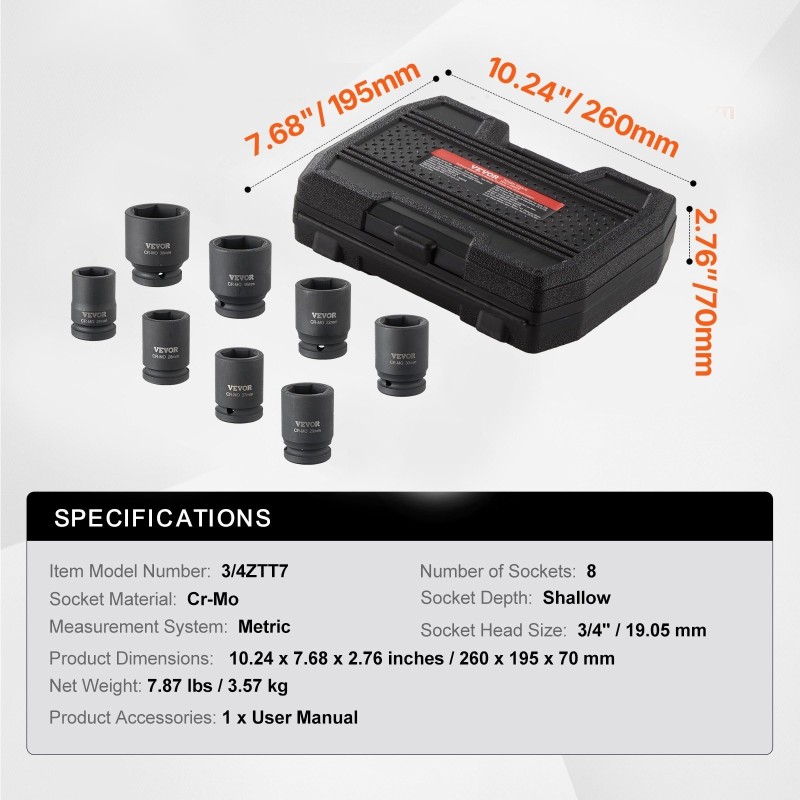 Isku- ja vääntöhylsysarja CR-MO-teräs 3/4 tuuman 8-osainen 24–38 mm säilytyslaatikolla