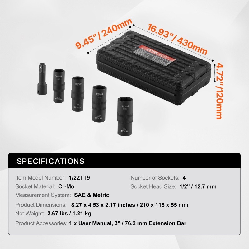 Pyöränmutterihylsysarja 1/2-tuuman veto CR-MO-teräs 6-kulmainen 4 kokoa 3 tuuman jatkovarsi säilytyskotelolla