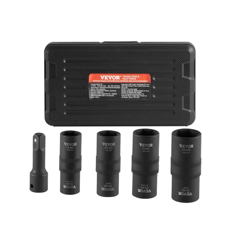 Pyöränmutterihylsysarja 1/2-tuuman veto CR-MO-teräs 6-kulmainen 4 kokoa 3 tuuman jatkovarsi säilytyskotelolla