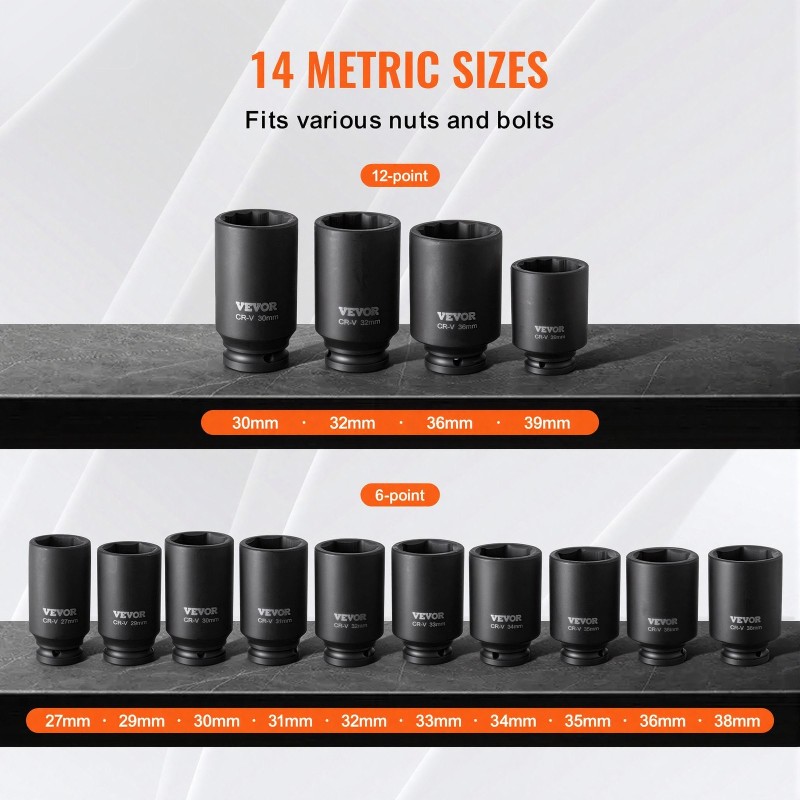 Syväiskuhylsysarja 12,7 mm kanta 14-osainen metrinen 6- ja 12-kulmainen CR-V-teräs säilytyslaukulla akselimuttereille