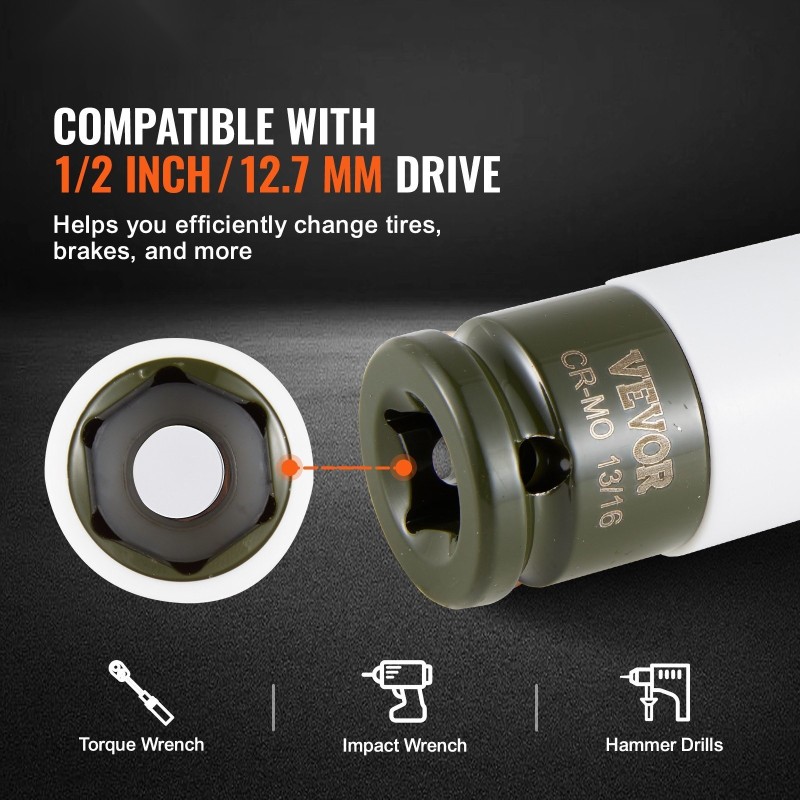 Mutteri-iskuhylsysarja 12,7 mm veto Cr-Mo-teräs 8-osainen 6-kulmainen syvät hylsyt säilytyskotelolla