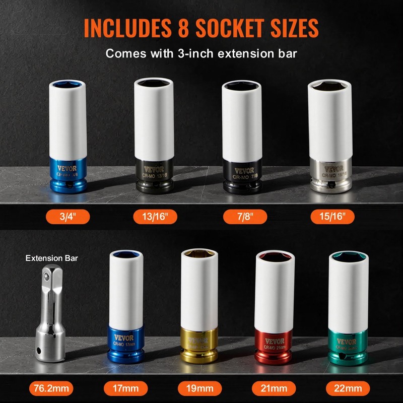 Mutteri-iskuhylsysarja 12,7 mm veto Cr-Mo-teräs 8-osainen 6-kulmainen syvät hylsyt säilytyskotelolla