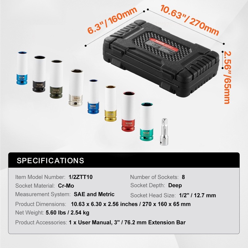 Mutteri-iskuhylsysarja 12,7 mm veto Cr-Mo-teräs 8-osainen 6-kulmainen syvät hylsyt säilytyskotelolla