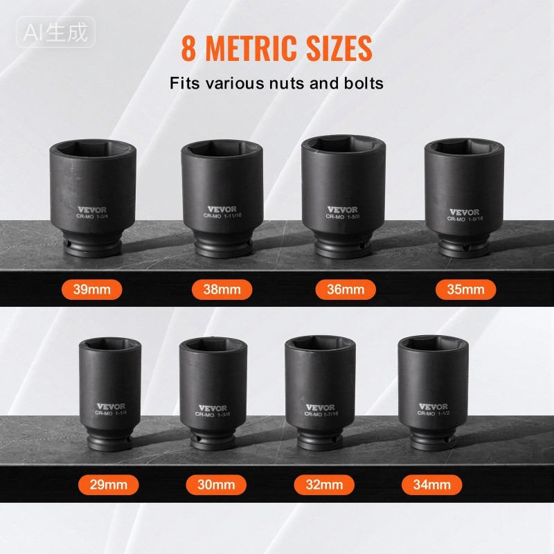 Iskuhylsysarja CR-MO-teräs 8-osainen 29–39 mm 12,7 mm vetokoko ajoneuvoille