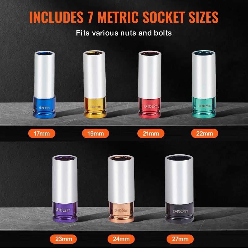 Iskevä pyöränmutterihylsysarja CR-MO-teräs 1/2-tuumainen 7 hylsyä 17–27 mm