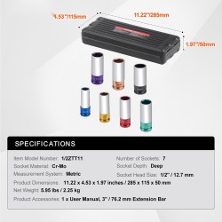 Iskevä pyöränmutterihylsysarja CR-MO-teräs 1/2-tuumainen 7 hylsyä 17–27 mm