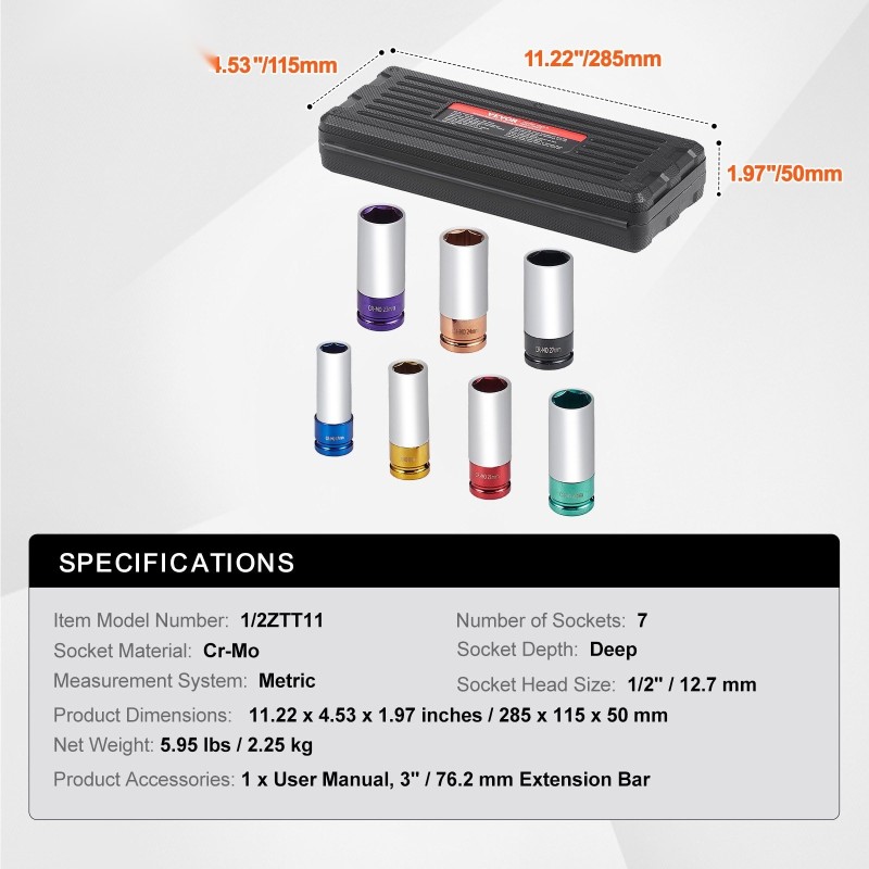 Iskevä pyöränmutterihylsysarja CR-MO-teräs 1/2-tuumainen 7 hylsyä 17–27 mm