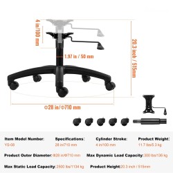 Toimistotuolin viisijalkainen jalkaristikko 710 mm halkaisija 1134 kg kantavuus 100 mm iskunpituus