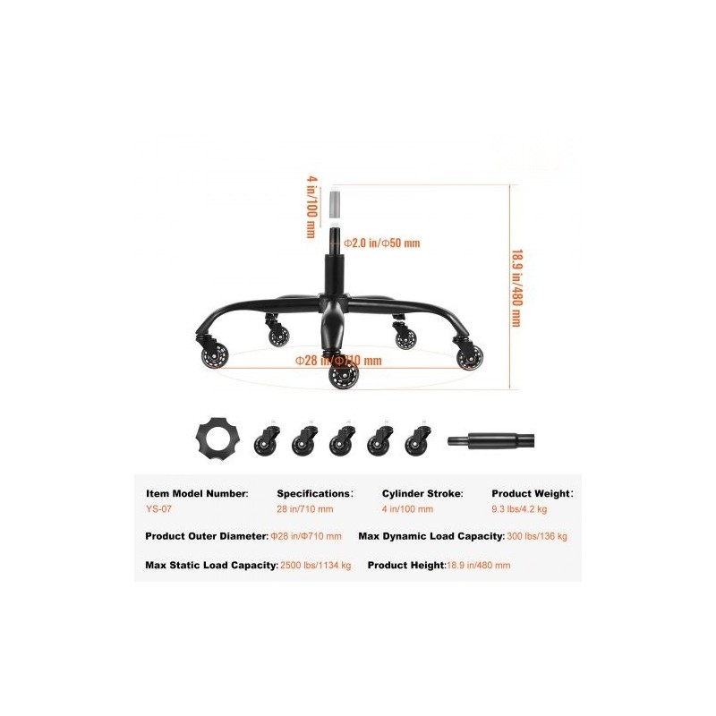 Toimistotuolin jalkaristikko 710 mm musta 1134 kg kantavuus kaasujousella ja rullilla
