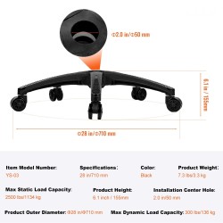 Toimistotuolin 28 tuuman jalkaristikko vahvistetut jalat 1134 kg kantavuus 5 rullaa musta