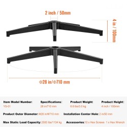 Toimistotuolin metallinen viisisakarainen ristikkojalka 710 millimetrin halkaisija 1134 kilogramman kantavuus