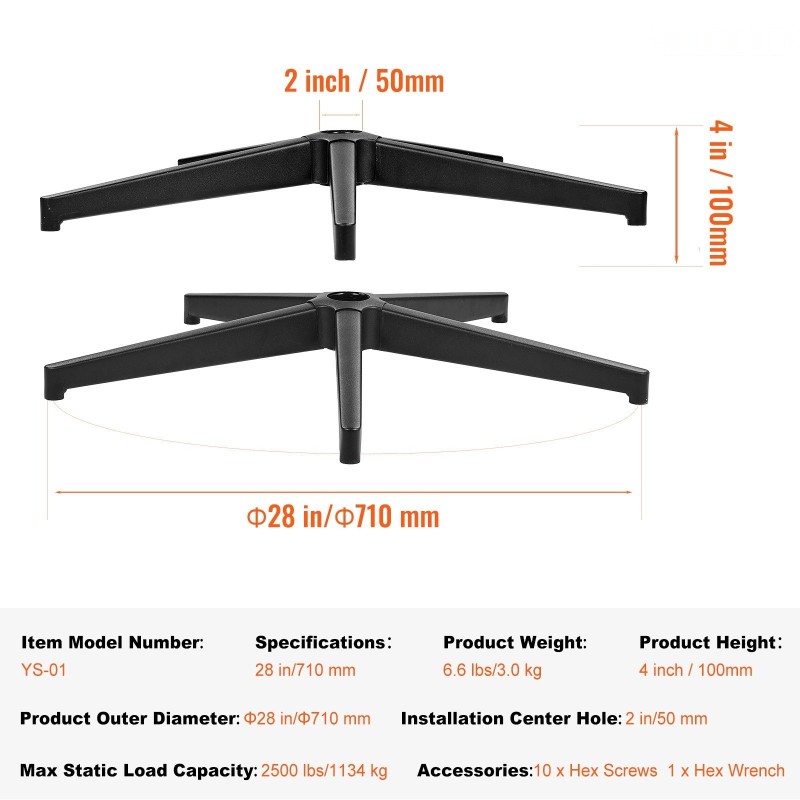 Toimistotuolin metallinen viisisakarainen ristikkojalka 710 millimetrin halkaisija 1134 kilogramman kantavuus
