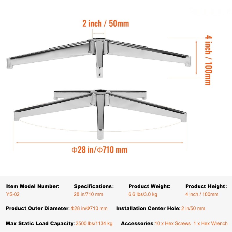 Toimistotuolin jalkaristikko viisisakarainen 28-tuumainen metallivahvistettu 1134 kg staattinen kantavuus