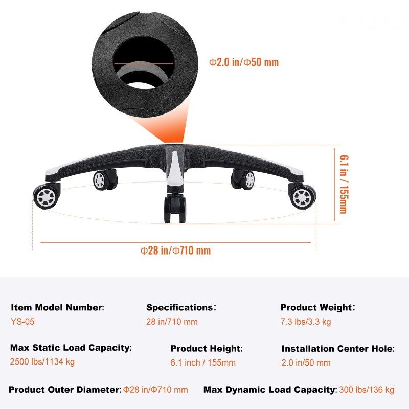 Toimistotuolin vahvistettu jalkaristikko 28 tuuman 5 pyörää 1134 kg musta ja valkoinen