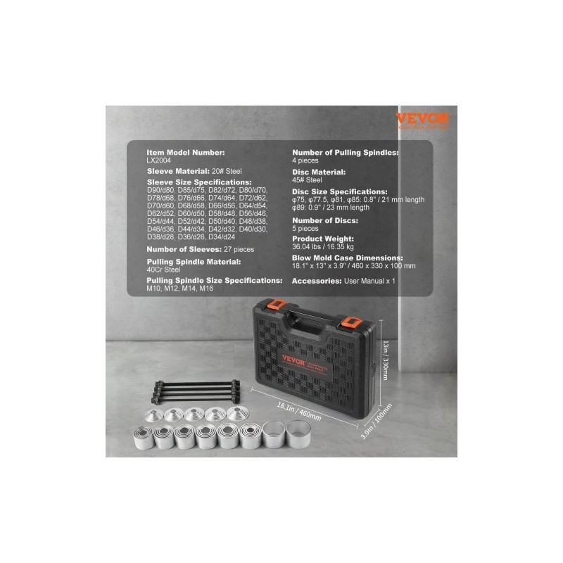 36-osainen holkkien ja laakerien irrotus- ja asennussarja teräs M10-M16 henkilöautoihin ja hyötyajoneuvoihin