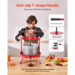 Manuaalinen hedelmä- ja viinipuristin ruostumaton teräskori 9 l T-kahvalla kolmiomaisella runkorakenteella