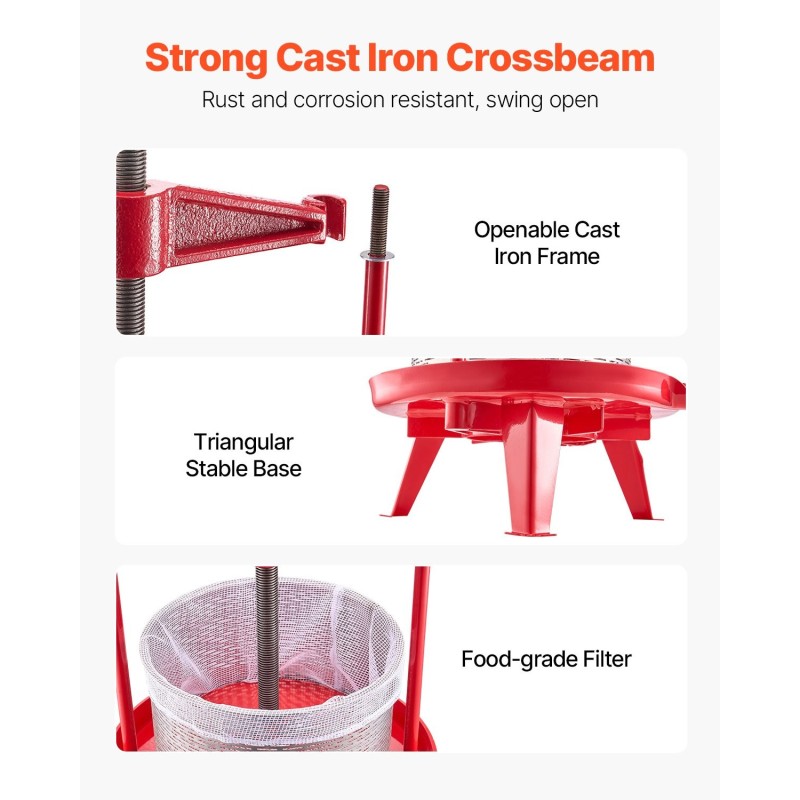 Manuaalinen hedelmä- ja viinipuristin ruostumaton teräskori 9 l T-kahvalla kolmiomaisella runkorakenteella