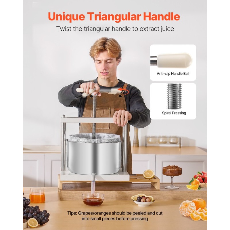 Hedelmäpuristin ruostumattomasta teräksestä kaksitoista litraa pöytämalli kaksi säiliötä kolmionmuotoisella kahvalla