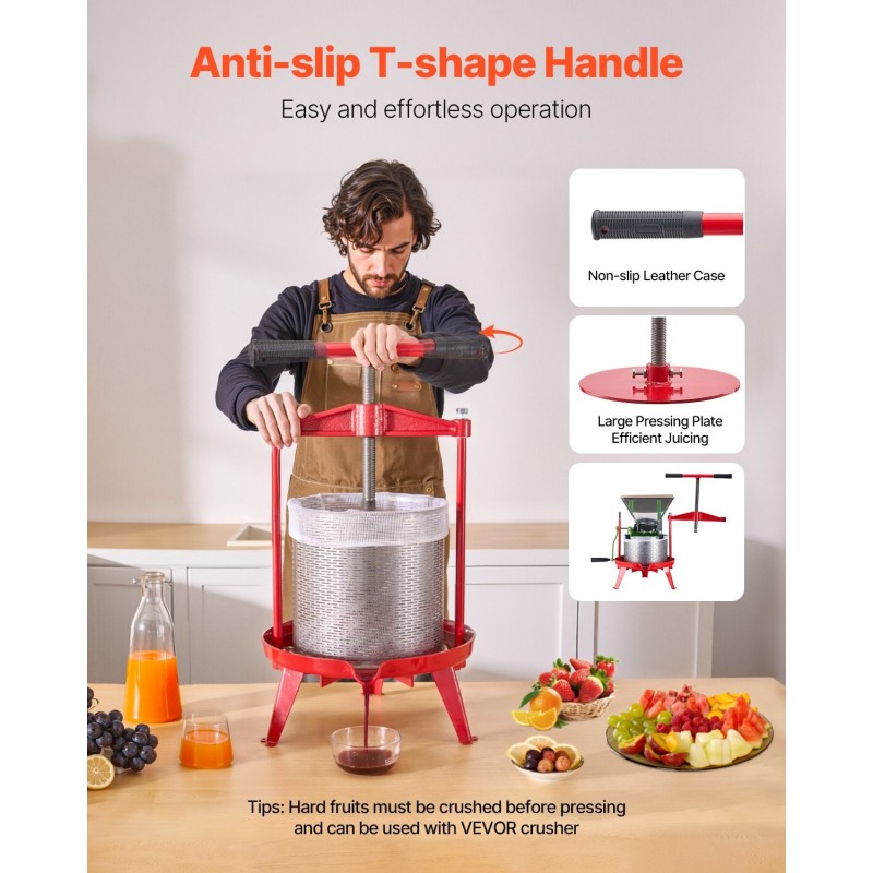 Hedelmäpuristin manuaalinen pystymallinen ruostumattomasta teräksestä neljäntoista litran T-kahvalla