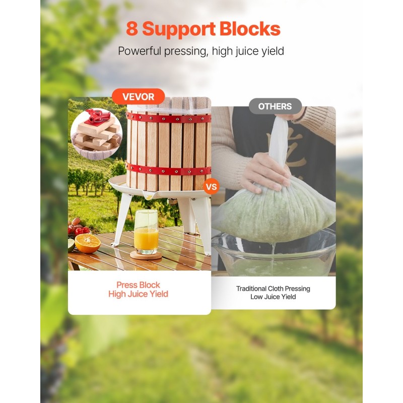 Hedelmä ja viiniprässi 18 l manuaalinen pyökkikorilla metallirungolla 8 tukipalikkaa