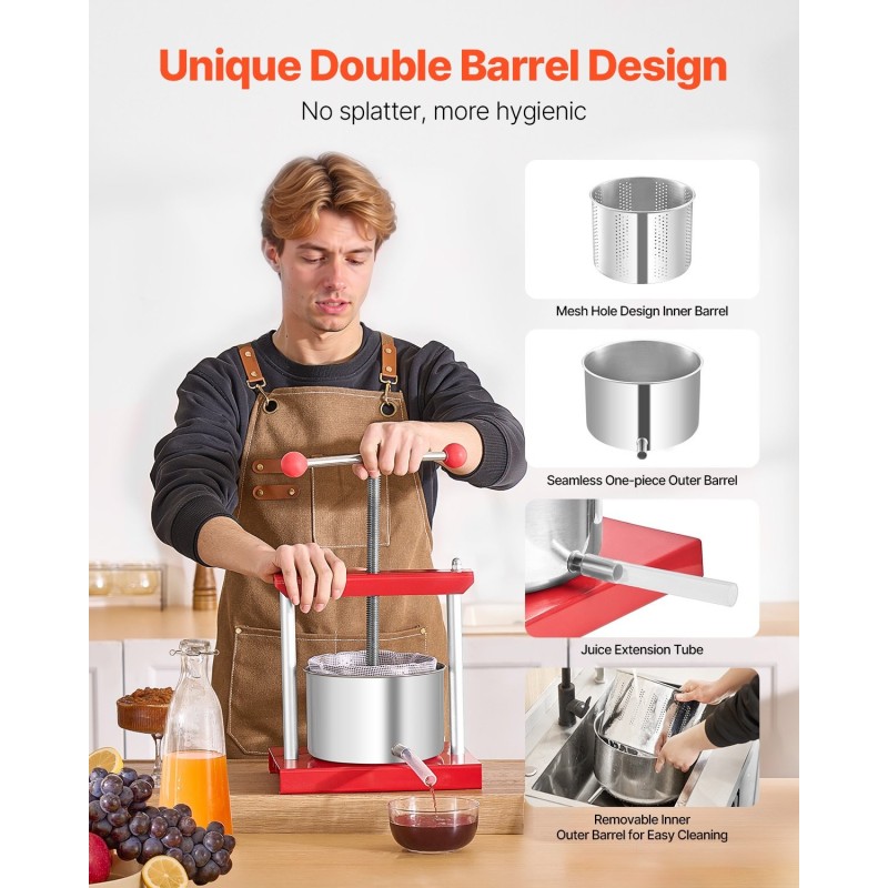 Käsikäyttöinen 3 l hedelmä- ja viinipuristin 2 ruostumatonta tynnyriä T-kahvalla työtasolle