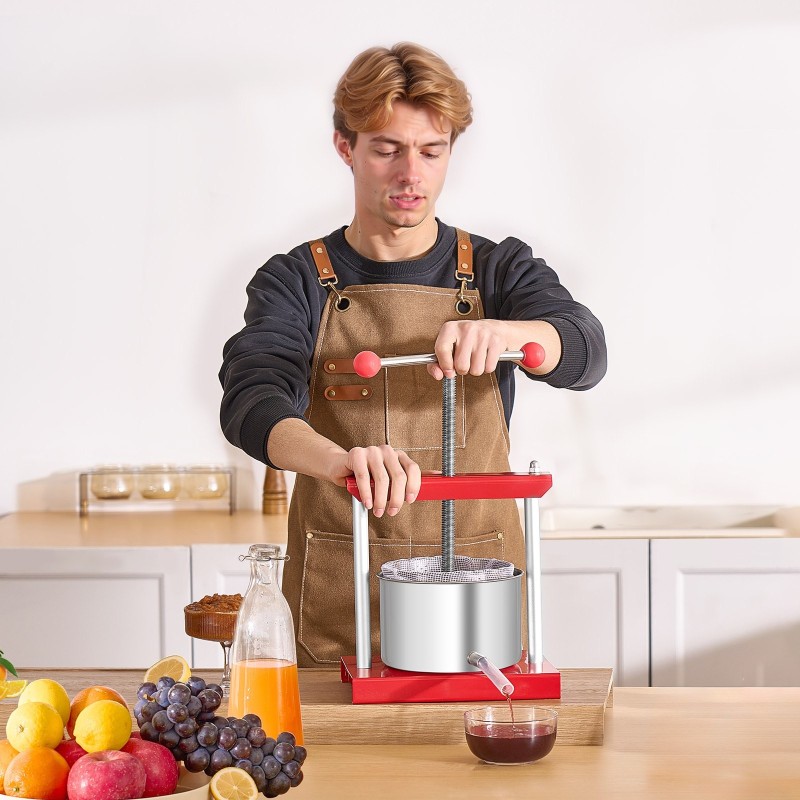 Käsikäyttöinen 3 l hedelmä- ja viinipuristin 2 ruostumatonta tynnyriä T-kahvalla työtasolle