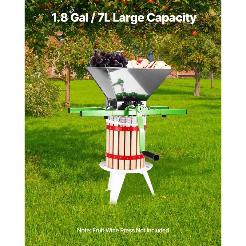 Hedelmä- ja omenamurskain ruostumatonta terästä 7 l käsikäyttöinen viiniin ja siideriin