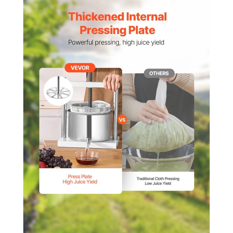 Käsikäyttöinen pöytämallinen hedelmä- ja viinipuristin 5 litraa 2 ruostumatonta terässäiliötä kolmionmuotoinen kahva