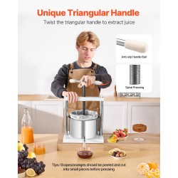 Käsikäyttöinen pöytämallinen hedelmä- ja viinipuristin 5 litraa 2 ruostumatonta terässäiliötä kolmionmuotoinen kahva