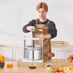 Käsikäyttöinen pöytämallinen hedelmä- ja viinipuristin 5 litraa 2 ruostumatonta terässäiliötä kolmionmuotoinen kahva