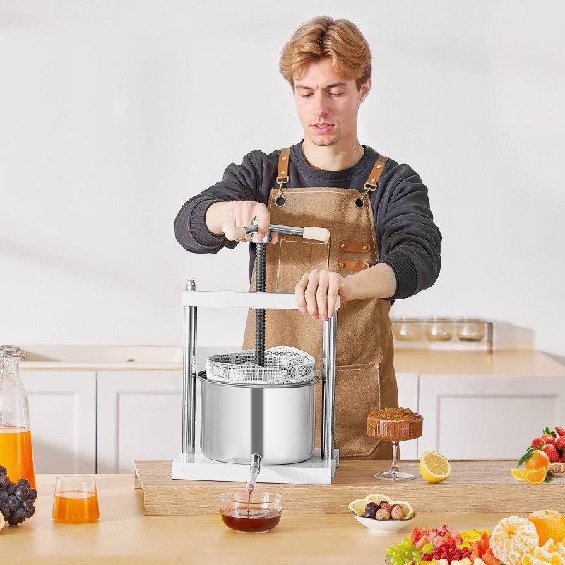 Käsikäyttöinen pöytämallinen hedelmä- ja viinipuristin 5 litraa 2 ruostumatonta terässäiliötä kolmionmuotoinen kahva